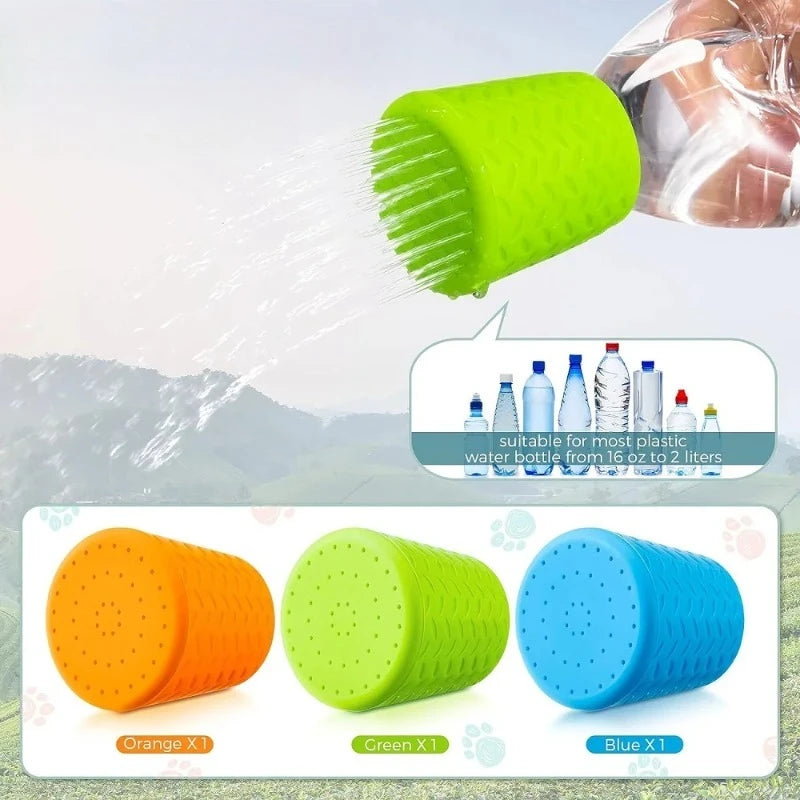 Three silicone pet shower heads in orange, green, and blue are shown for washing dogs and cats.