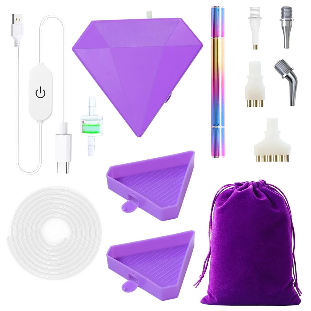 A purple electric diamond painting pen kit with various tools including a diamond painting tool, suction tool, and storage po