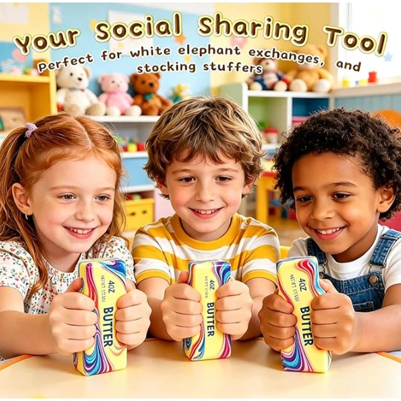 Four children holding colorful squishy butter toys for stress relief and sensory play