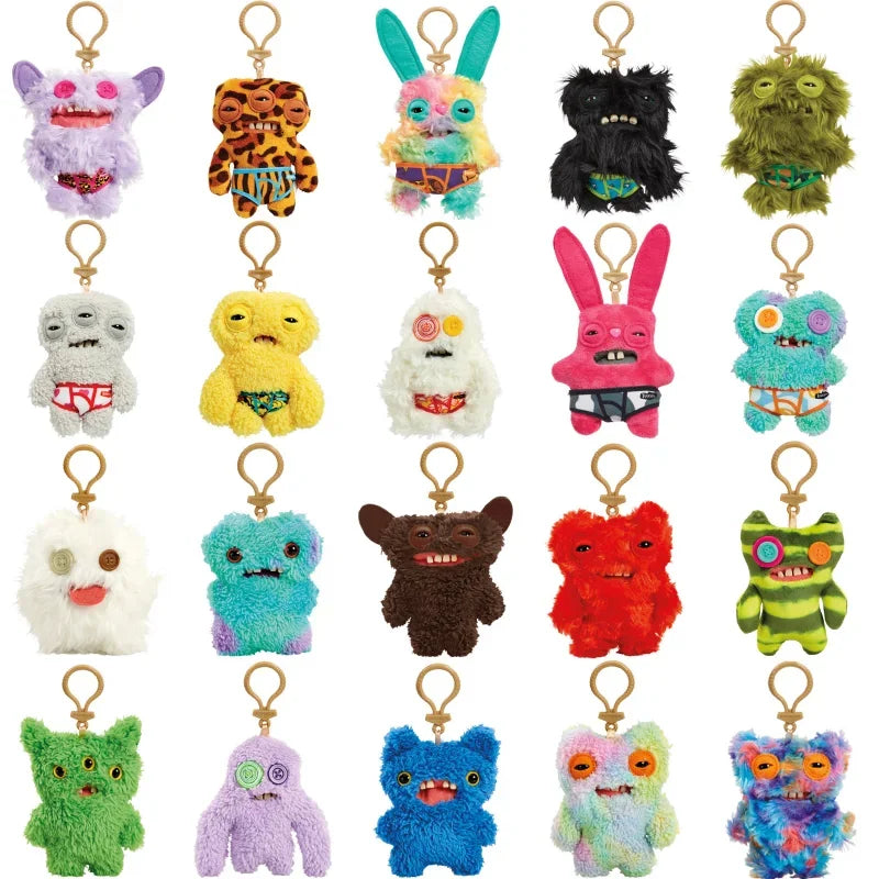 A collection of 12 cm Fuggler funny plush monster keychains featuring various quirky designs like rabbits, spiders, and other