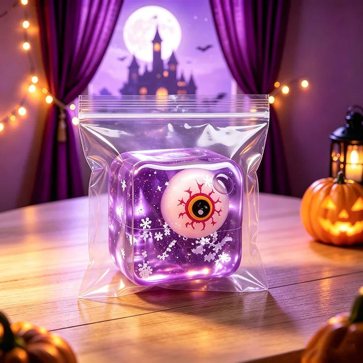 A translucent purple fidget cube shaped like a ghost with festive holiday designs rests on a wooden surface.