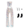 A set of sequin party trousers for fashion dolls, including sheer sparkly pants and black boots.