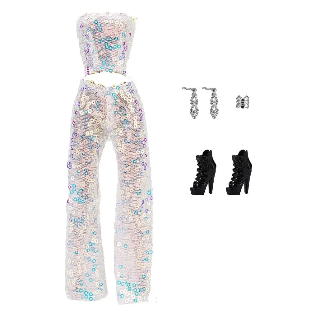 A set of sequin party trousers for fashion dolls, including sheer sparkly pants and black boots.