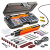 An open case of a cordless rotary tool kit with various bits and sanding discs displayed on a white background.