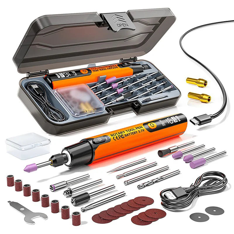 An open case of a cordless rotary tool kit with various bits and sanding discs displayed on a white background.