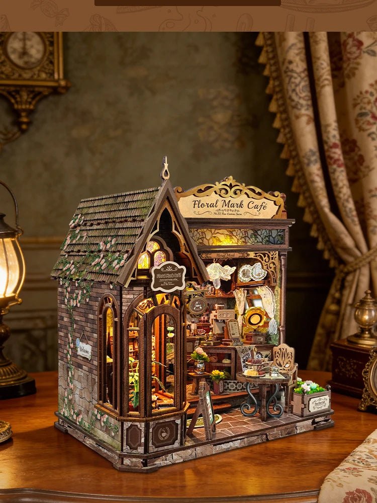 DIY Wooden Flower Shop Café Dollhouse Miniature Kit with LED Lighting