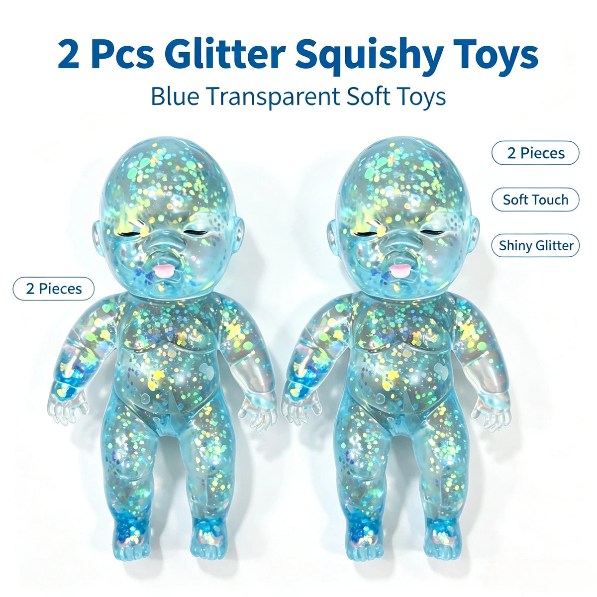 Two blue transparent squishy toys with glitter, soft touch, and shiny glitter.