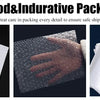 Various sheets of white packaging material and a hand placed on a dark, textured package.