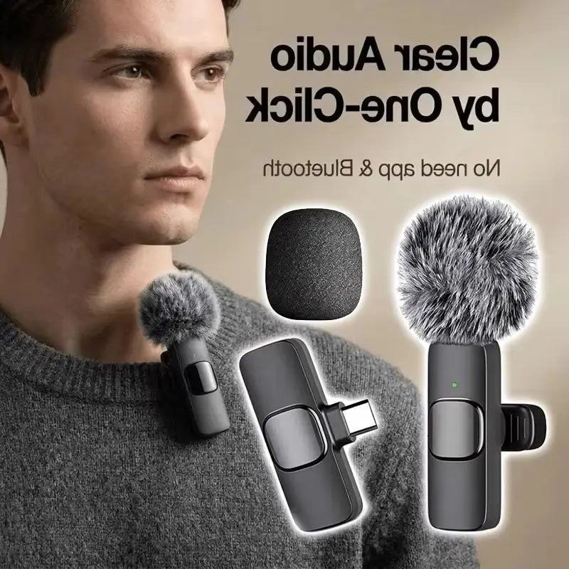 A man is shown wearing a wireless lavalier microphone attached to his clothing.