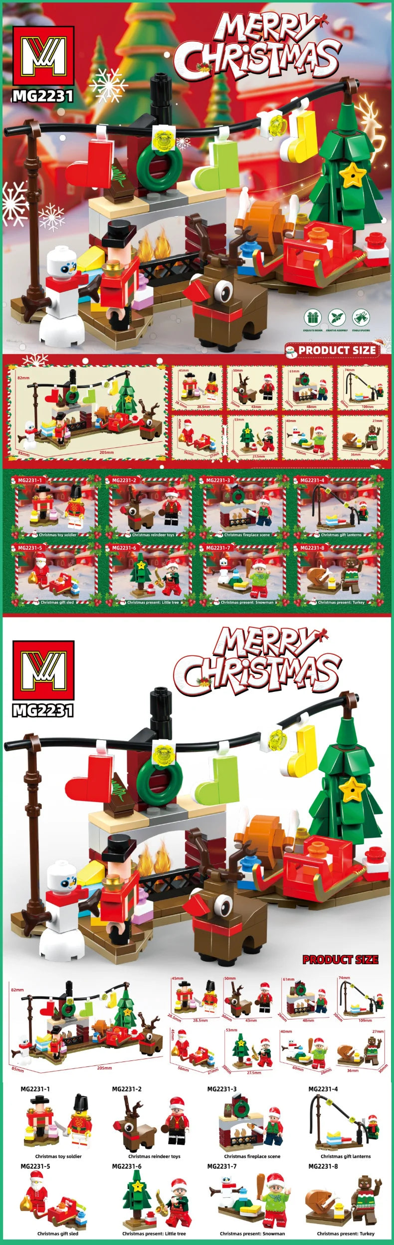A set of 8 Christmas building blocks featuring various holiday scenes and figures like Santa, reindeer, and elves.