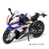 A 1:12 scale die-cast model motorcycle in white and blue with front steering visible.
