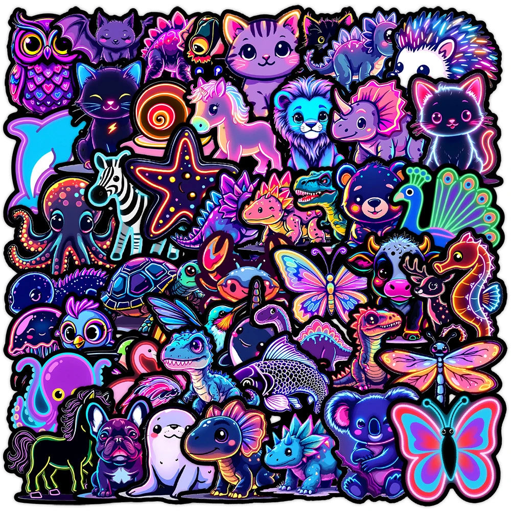 A colorful sticker pack featuring various cute and fierce animals like cats, lions, unicorns, and dinosaurs.