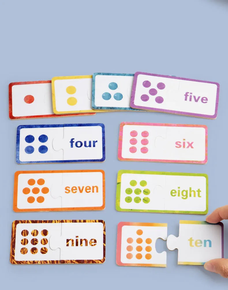 A set of wooden number matching puzzles from one to ten, featuring colorful blocks and numbers.