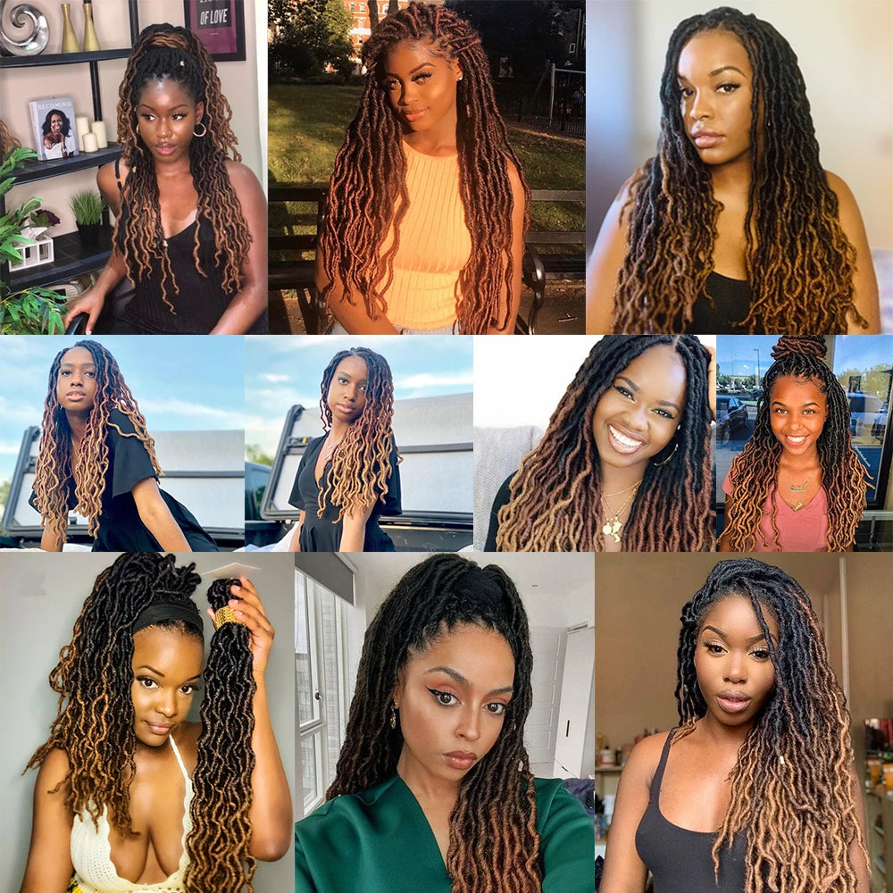 A collage of women showcasing various styles and colors of Goddess Faux Locs crochet hair extensions.