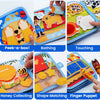 Montessori felt busy book for toddlers showing various hands-on learning activities like peeking, bathing, touching, and shap