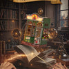 Hands open a large book in front of a miniature bar display featuring a wooden puzzle kit for crafting fun