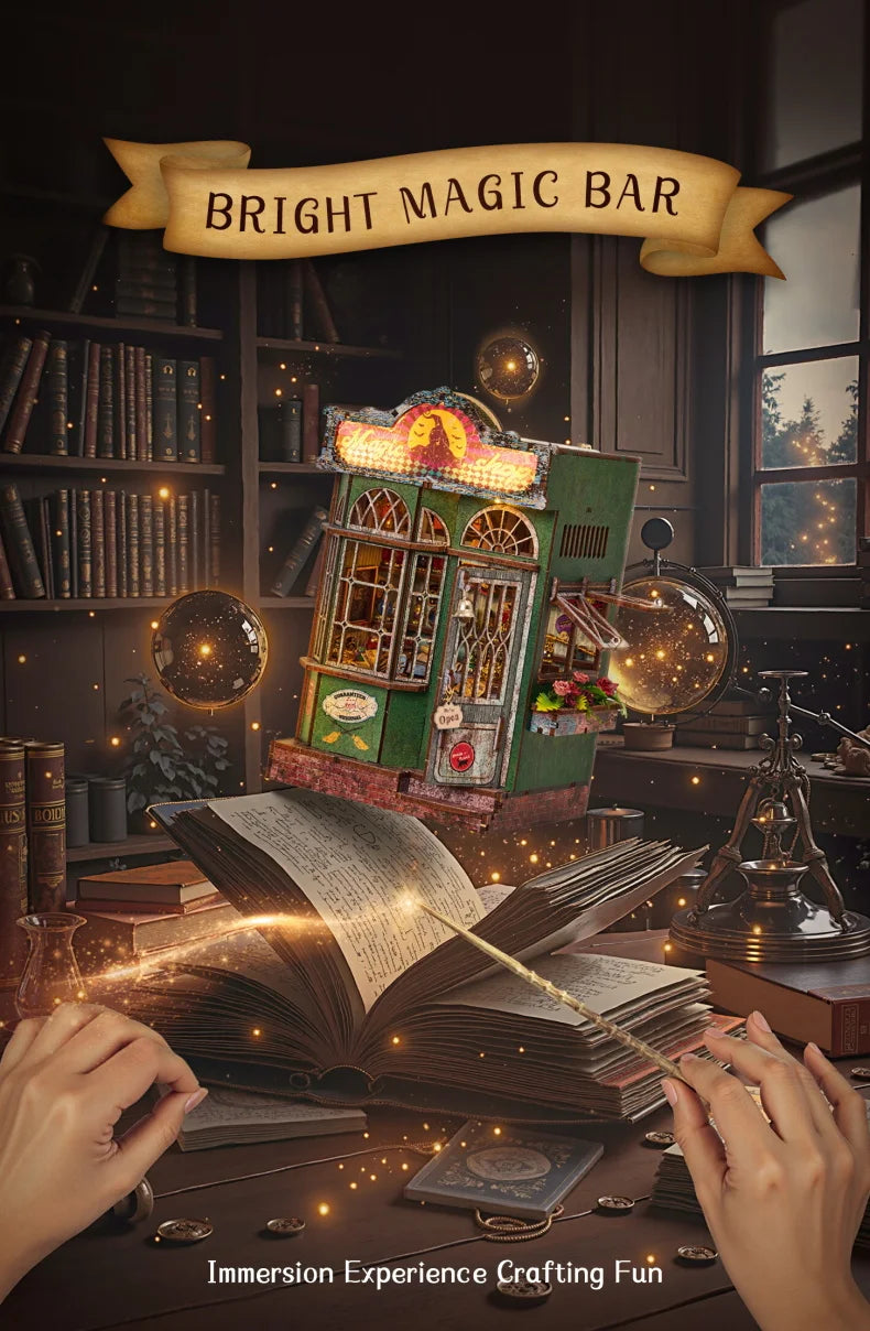 Hands open a large book in front of a miniature bar display featuring a wooden puzzle kit for crafting fun
