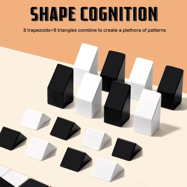 A collection of black and white geometric 3D blocks, including trapezoids and triangles, arranged on a light surface.