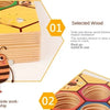 A wooden Montessori Bee Trap game showing a yellow block with an engraved bee and another piece of wood labeled for selected 