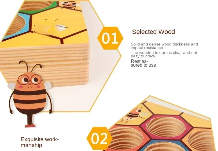 A wooden Montessori Bee Trap game showing a yellow block with an engraved bee and another piece of wood labeled for selected 