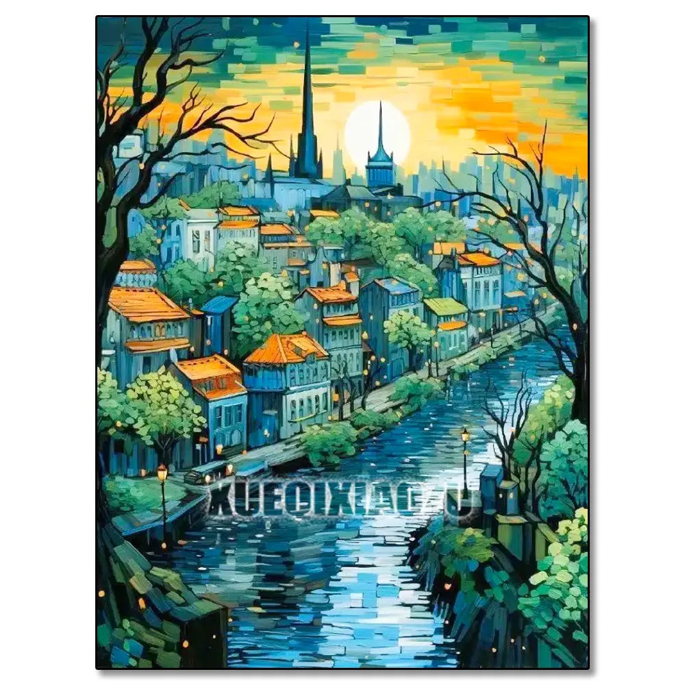 A vibrant oil painting depicting a cityscape and water under a bright orange sunset sky.