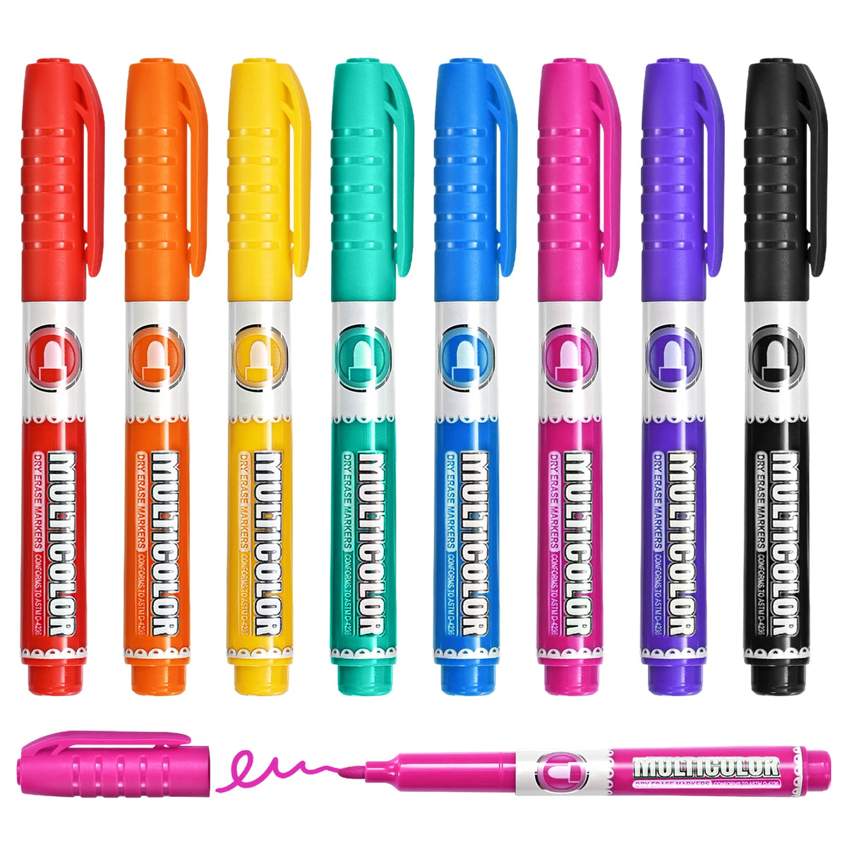 A set of eight multicolored Multicolour dry erase markers with chisel tips shown in various colors.
