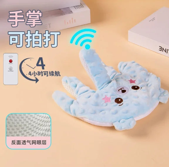 A light blue unicorn plush toy designed as a soothing pillow, shown with text indicating it can be touched and is suitable fo