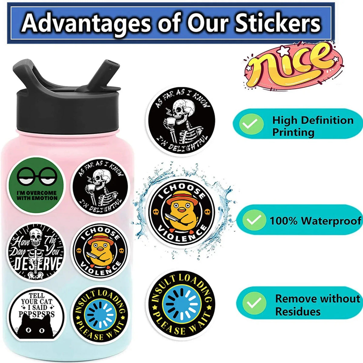 A collection of colorful stickers featuring funny memes and text on a pink bottle background