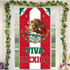 A red and white door cover featuring an eagle design and the text Viva Mexico surrounded by greenery.