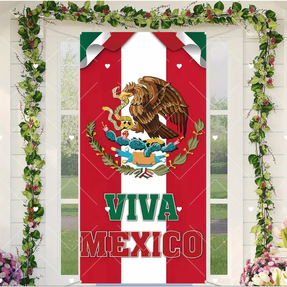 A red and white door cover featuring an eagle design and the text Viva Mexico surrounded by greenery.