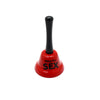 A red metal table bell with a black handle, designed for couples' games.