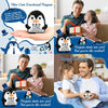 A collage of images showing fathers and children with handmade crochet penguins and positive messages.