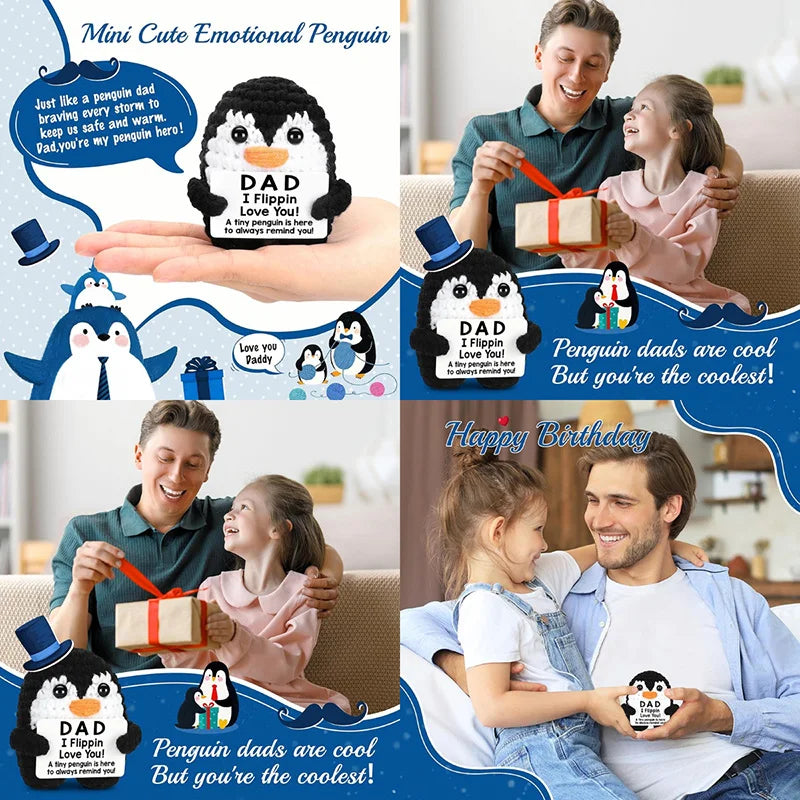 A collage of images showing fathers and children with handmade crochet penguins and positive messages.