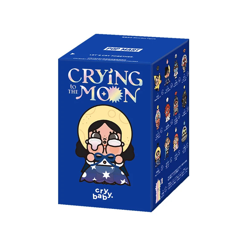 A blue box for a Crybaby Crying to the Moon collectible figurine featuring a crying baby face.