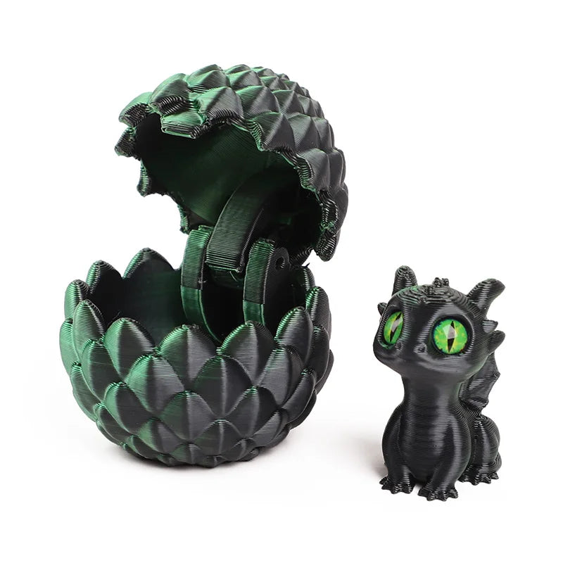 A set of six black dragon egg surprise figurines with green eyes, presented in a textured green shell.