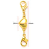 A gold-colored magnetic lobster claw clasp for jewelry making, shown with dimension lines.