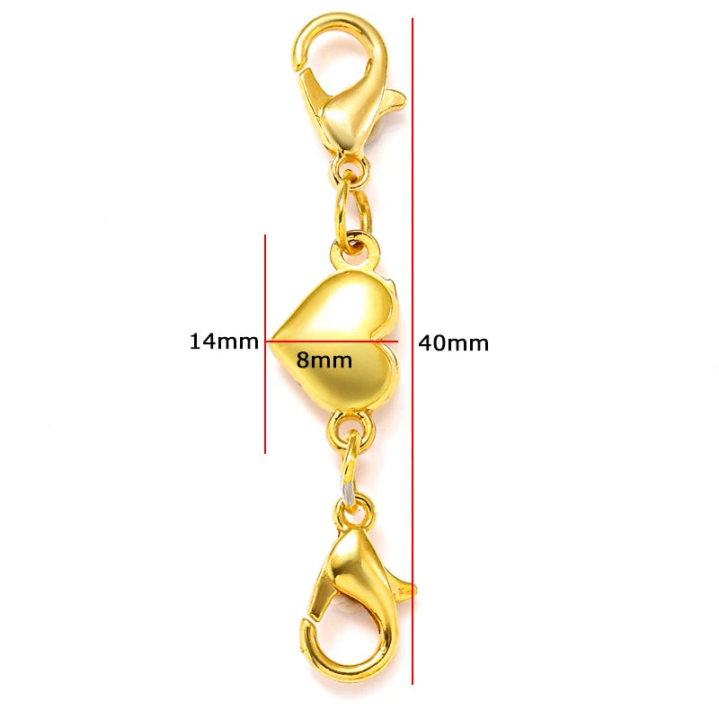 A gold-colored magnetic lobster claw clasp for jewelry making, shown with dimension lines.