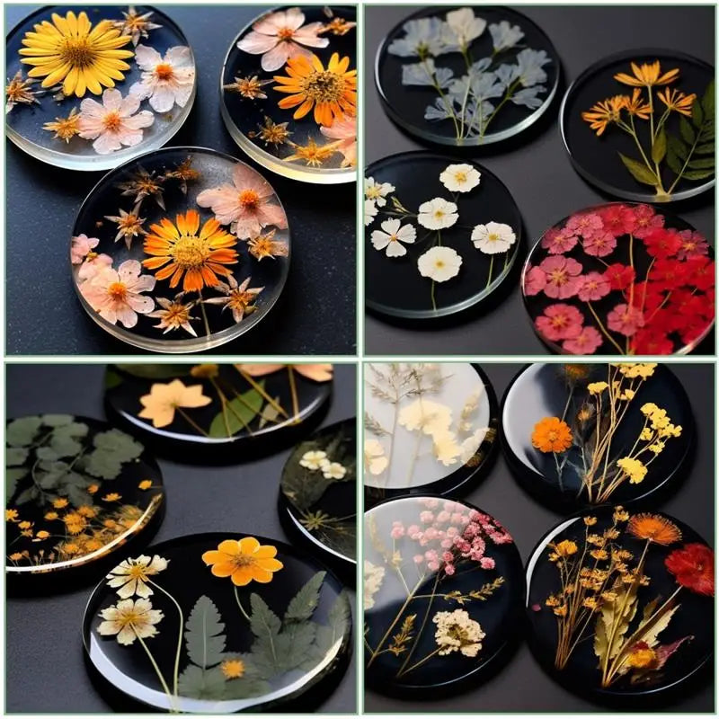 A collection of clear UV resin glue for jewelry making and crafts, featuring various floral designs on black and clear resin 