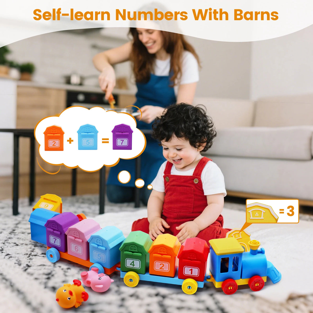 A colorful wooden train set for toddlers featuring numbered cars and farm animals used for self-learning numbers.