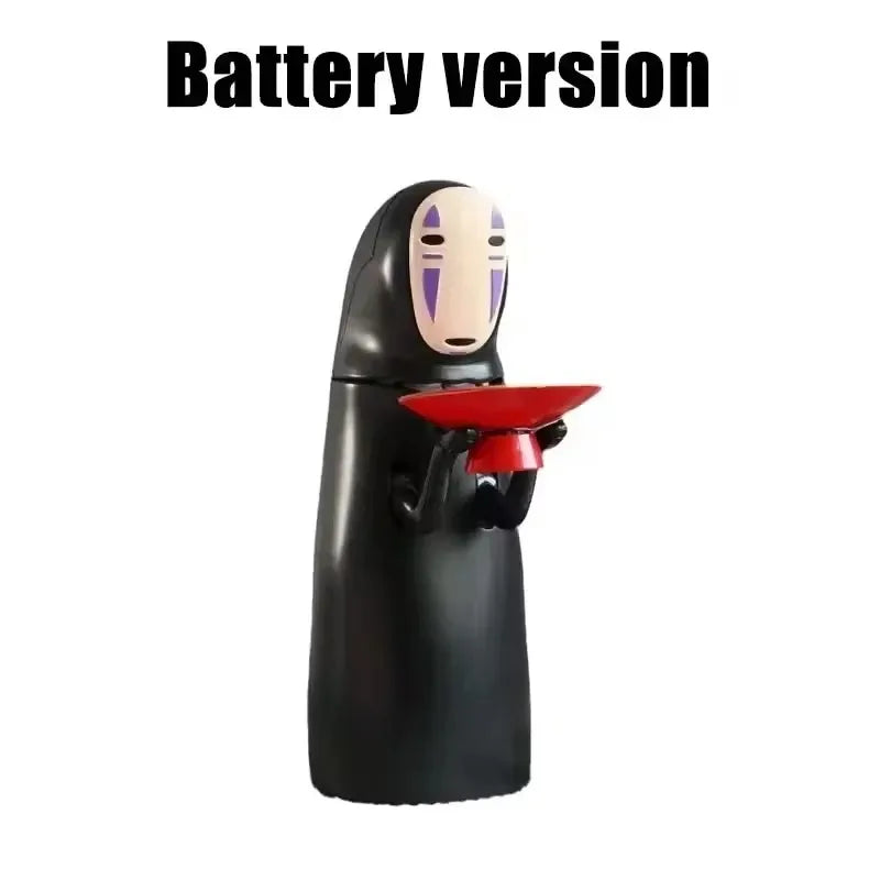 A black, house-shaped piggy bank with a facial expression and a red mouth is shown.