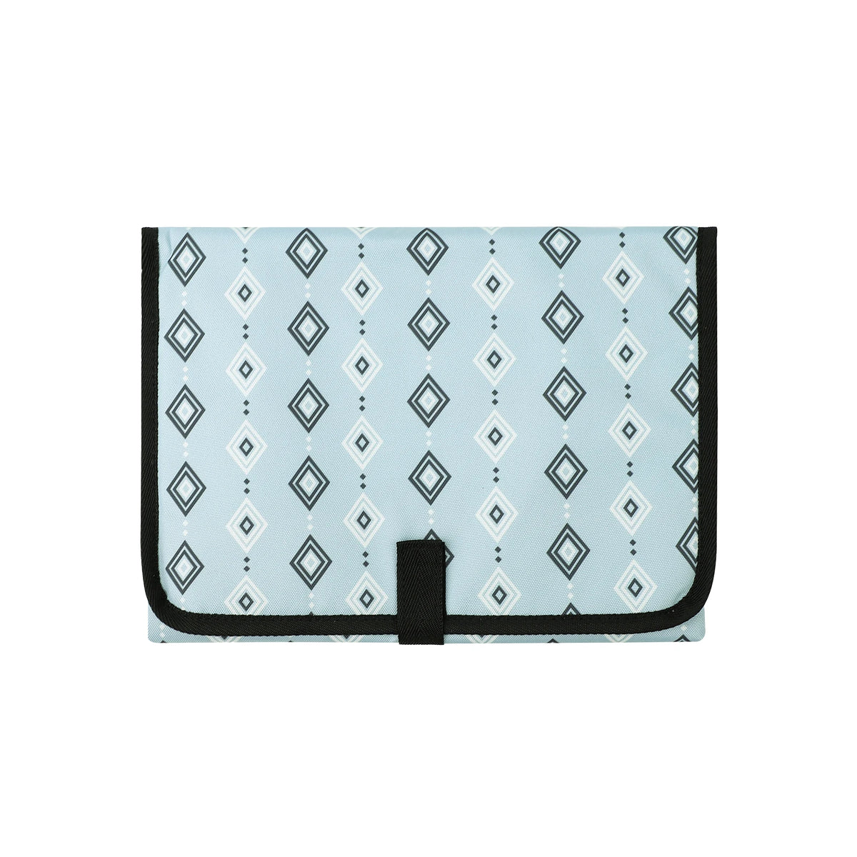 A light blue patterned portable foldable waterproof diaper changing pad with a black closure.