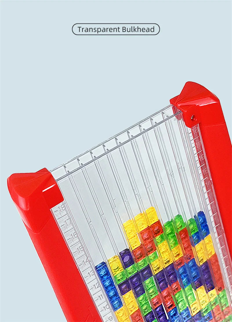 A close-up view of a transparent bulkhead puzzle set with colorful building blocks and measuring lines.