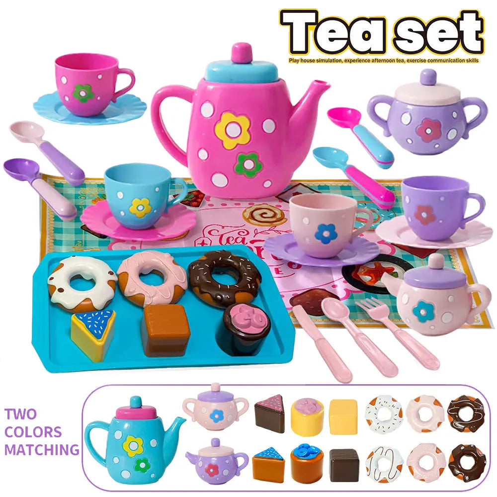 A colorful kids tea party playset featuring a pink teapot, cups, cookies, and accessories for play.