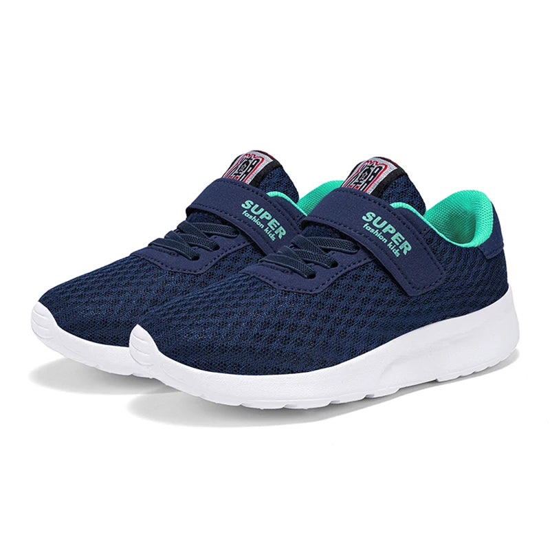 Navy blue and bright green breathable mesh sneakers for kids with hook-and-loop closure