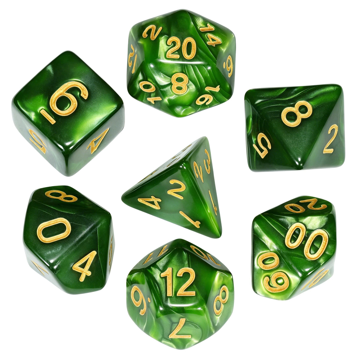 A set of seven green marble effect polyhedral dice showing various numbers and angles.