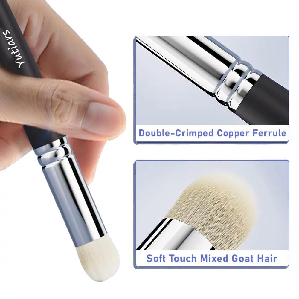 A hand holds a set of 13 micro detail paint brushes featuring double-crimped copper ferrules and soft touch mixed goat hair b