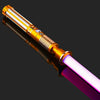 An RGB metal lightsaber with a glowing purple blade and gold accents, shown diagonally.