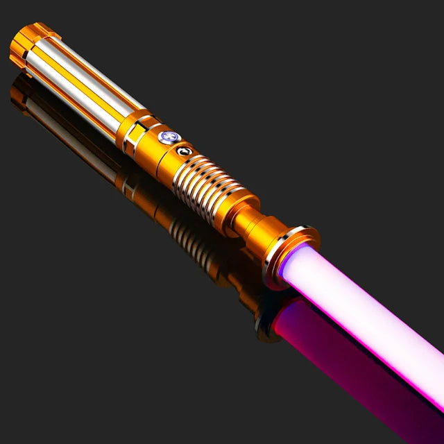 An RGB metal lightsaber with a glowing purple blade and gold accents, shown diagonally.