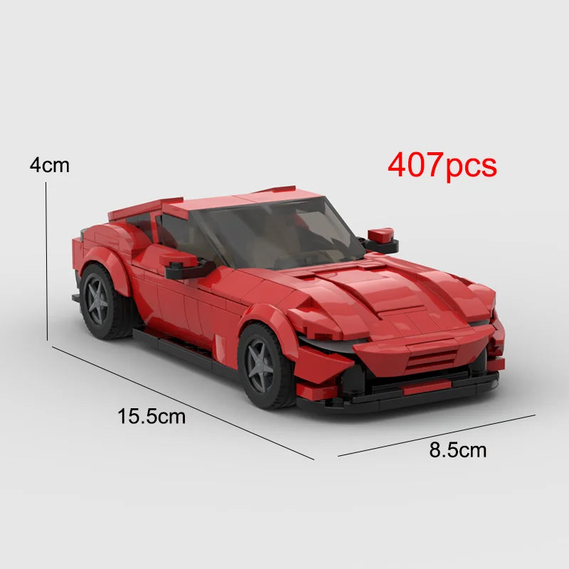A red classic supercar building blocks set with 407 pieces shown from the side.