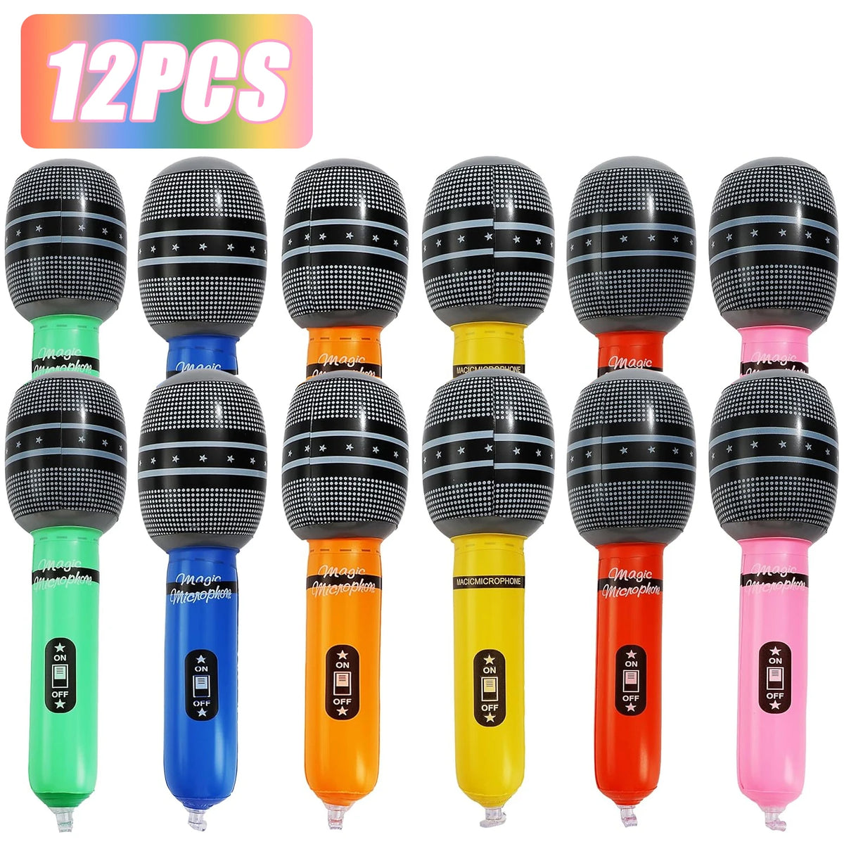 Twelve inflatable microphone party props for kids karaoke and music themes in various colors